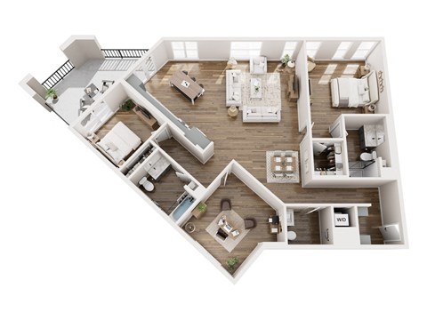 A top-down view of a house layout with a kitchen, living room, and bedrooms.